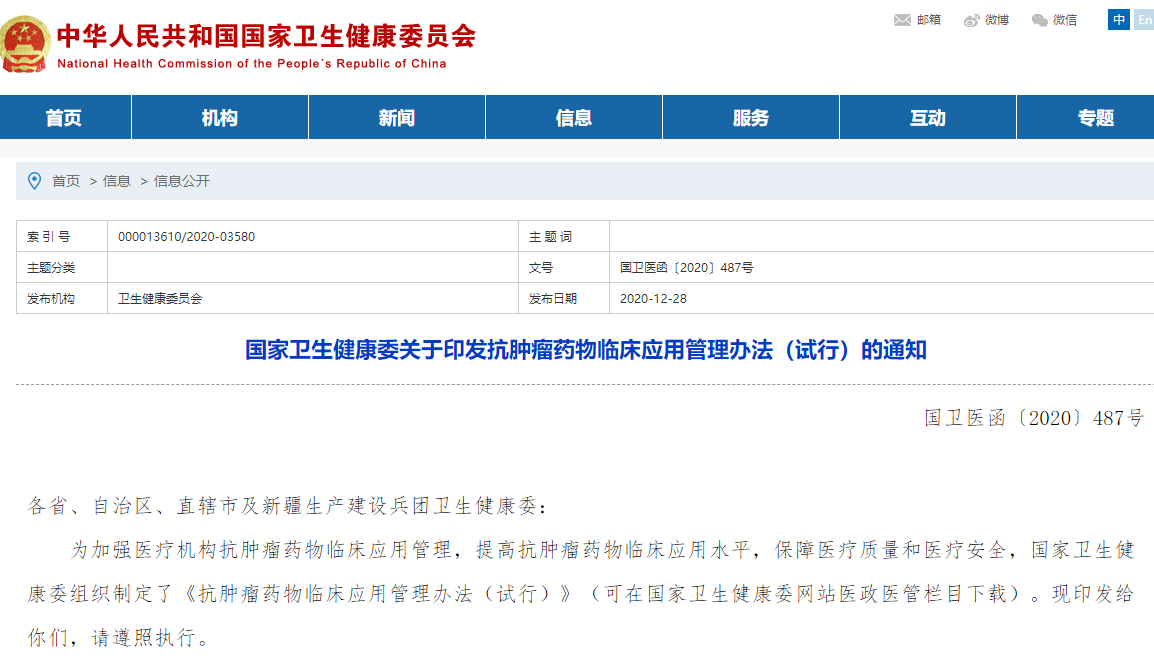 国家卫健委印发《抗肿瘤药物临床应用管理办法（试行）》：病理确诊及基因靶点检测后方可使用！